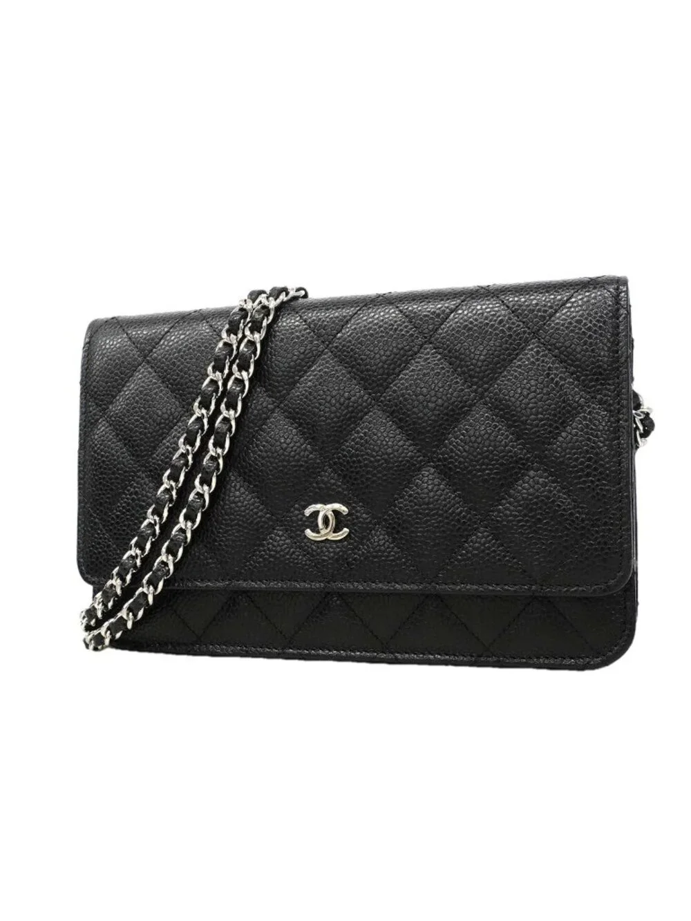 Chanel Shoulder Wallet Quilted Caviar Leather Black Silver
